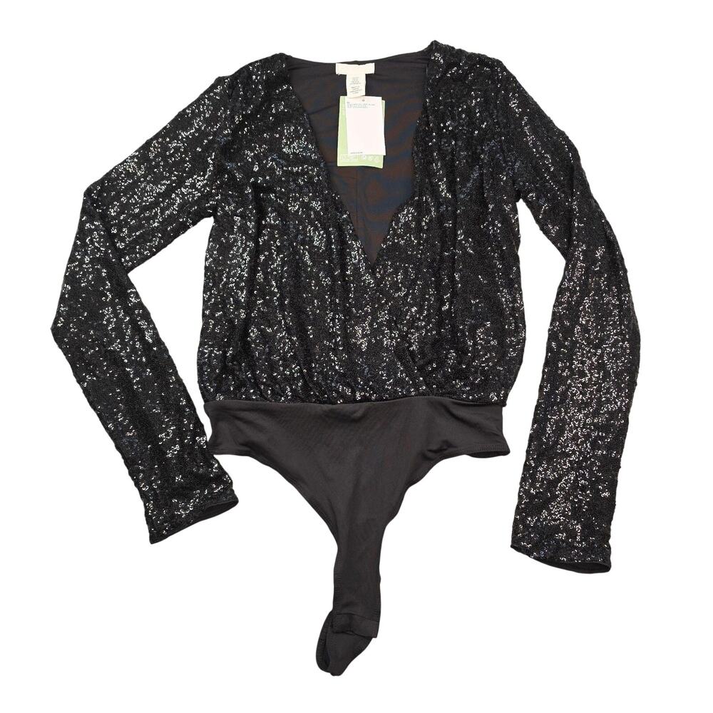 H&M Bodysuit Womens XS Black Sequin Mesh Plunge V Neck Long‎ Sleeve Party Club